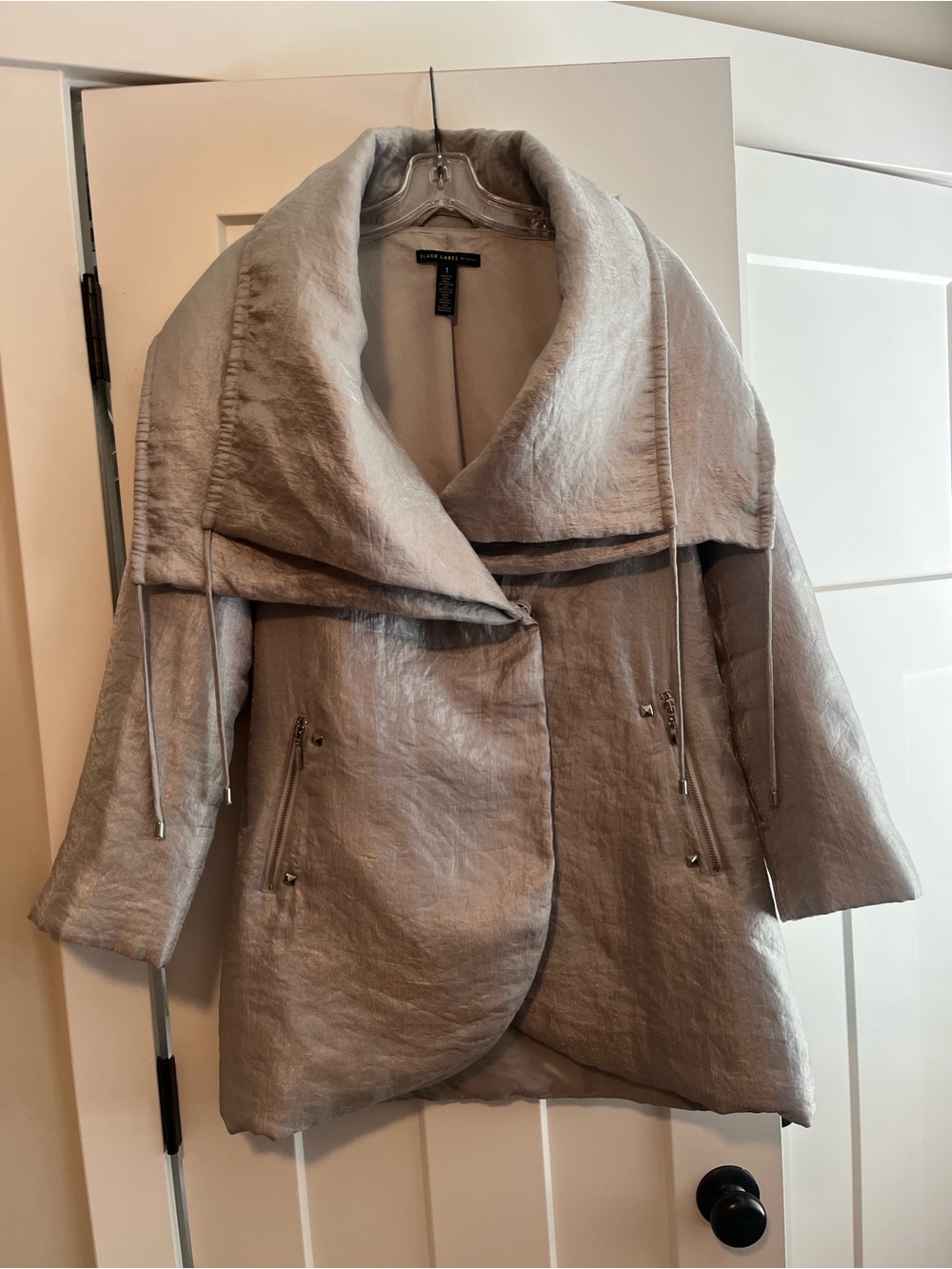Black Label by Chicos Light Gray Draped Collar Coat